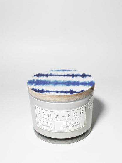 California Beach House 12 oz scented candle White vessel with Blue tye dye stripes lid