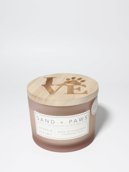 Sand + Paws Ocean & Sea Salt 12 oz scented candle White Vessel with Carved LOVE Lid